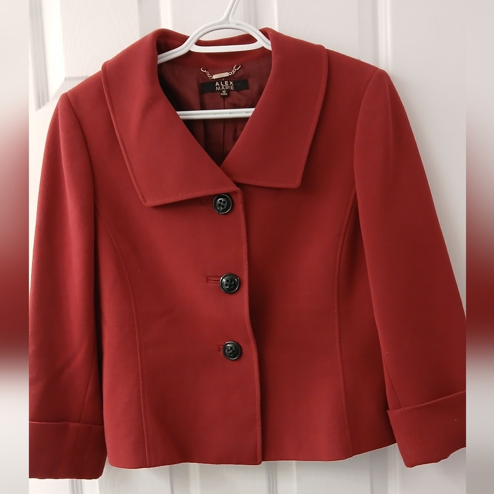 Alex Marie Red Cropped Blazer Jacket Size 10 – Foldover Cuffs & Pleated Back